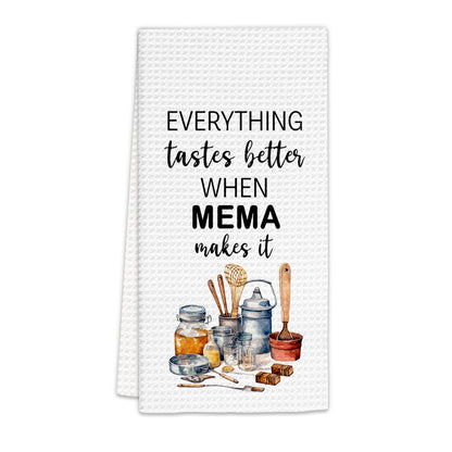 Mema Gifts Kitchen Towels, Gifts for Memas Dish Towels, Memas Gift from Grandkids Grandchildren, Everything Tastes Better When Mema Make It Decorative Hand Towel for Kitchen (16x24 Inch)