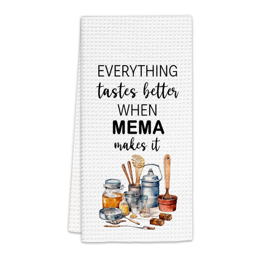 Mema Gifts Kitchen Towels, Gifts for Memas Dish Towels, Memas Gift from Grandkids Grandchildren, Everything Tastes Better When Mema Make It Decorative Hand Towel for Kitchen (16x24 Inch)