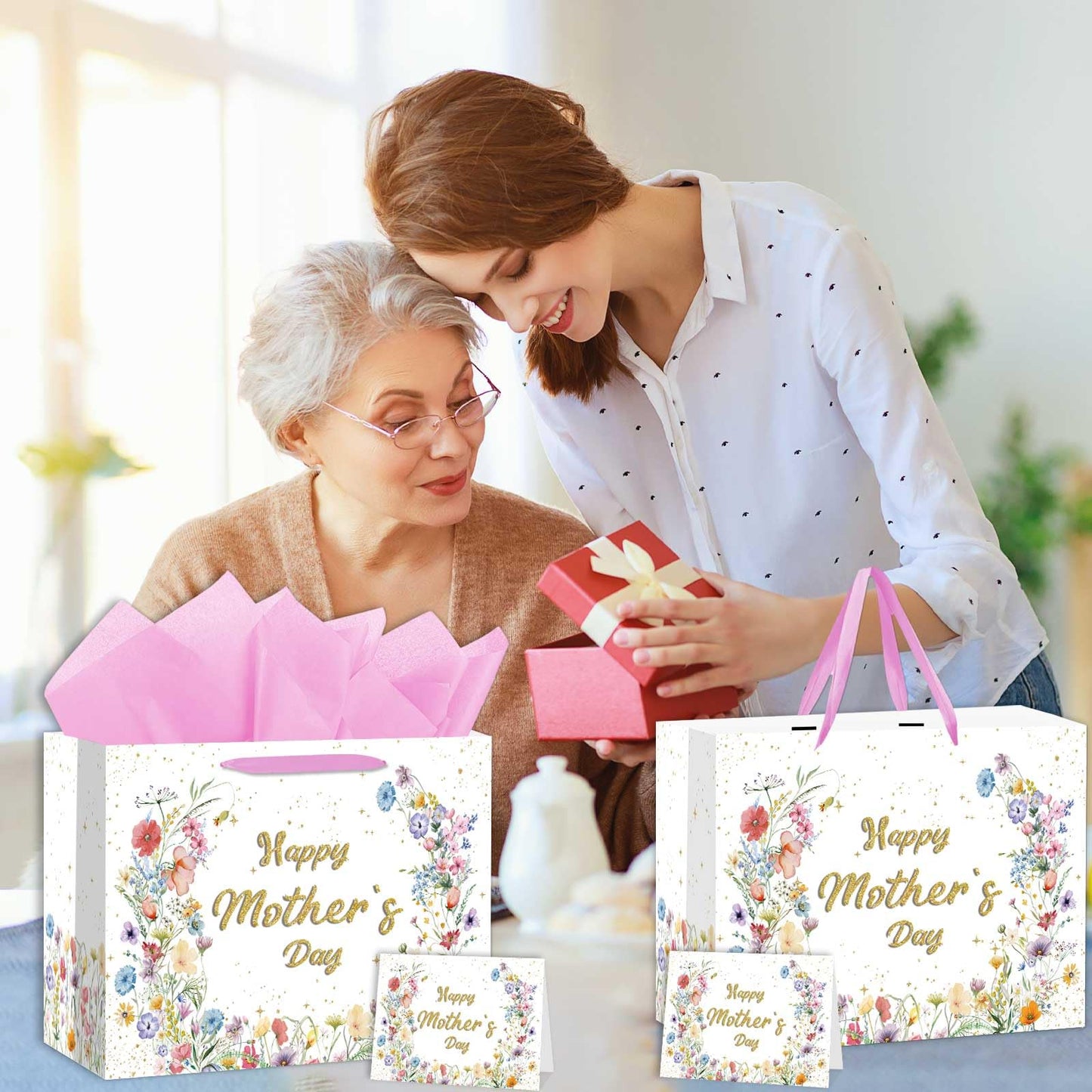 Zliisang Happy Mother’s Day Gift Bag with Tissue Paper and Greeting Card Wildflowers Mother Day Party Favor Bags
