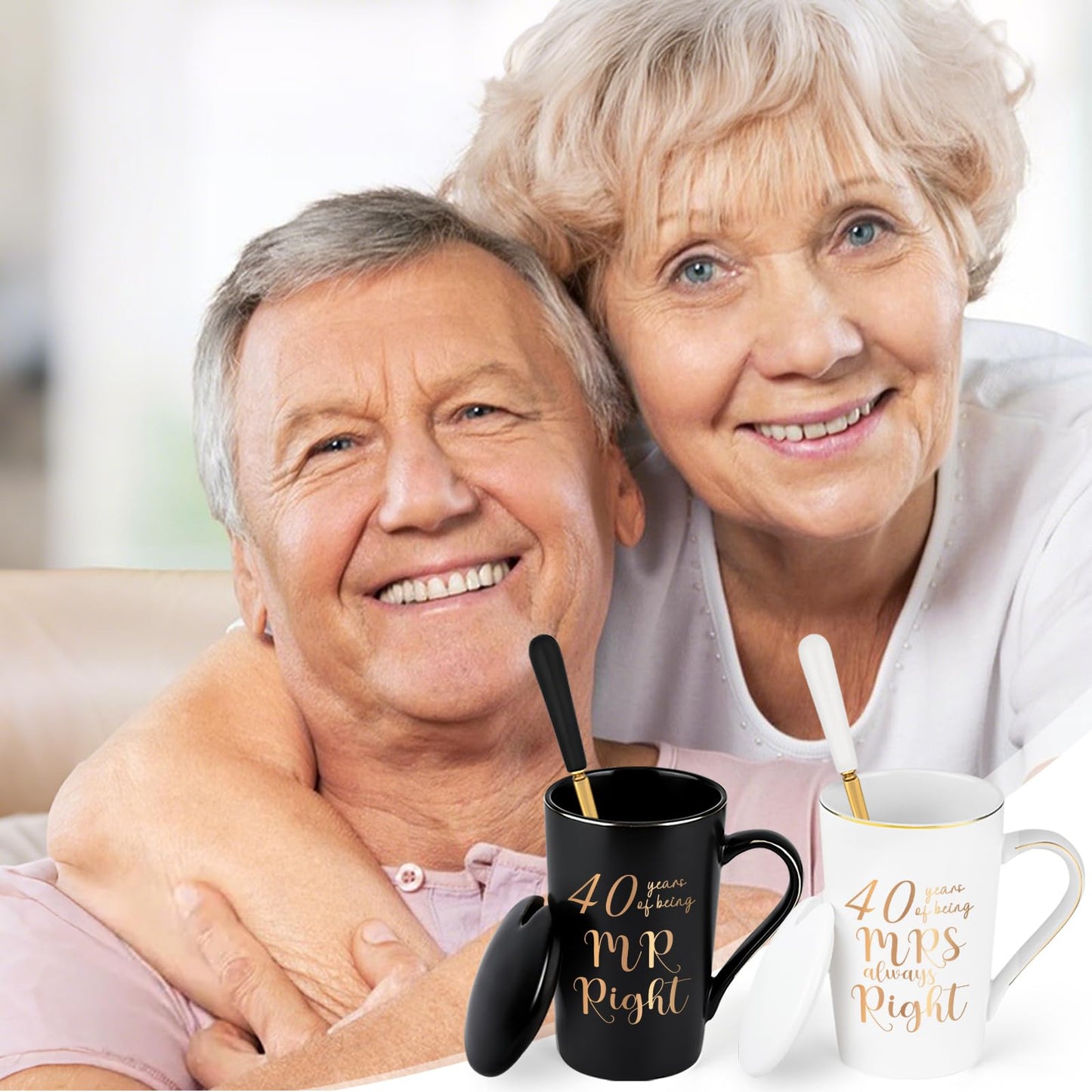 YHRJWN 40th Wedding Gifts, 40 Years of Being Mr & Mrs Always Right Mug Set 14Oz with Lids Spoons and Gift Box, Christmas Anniversary Presents for Parents Couple