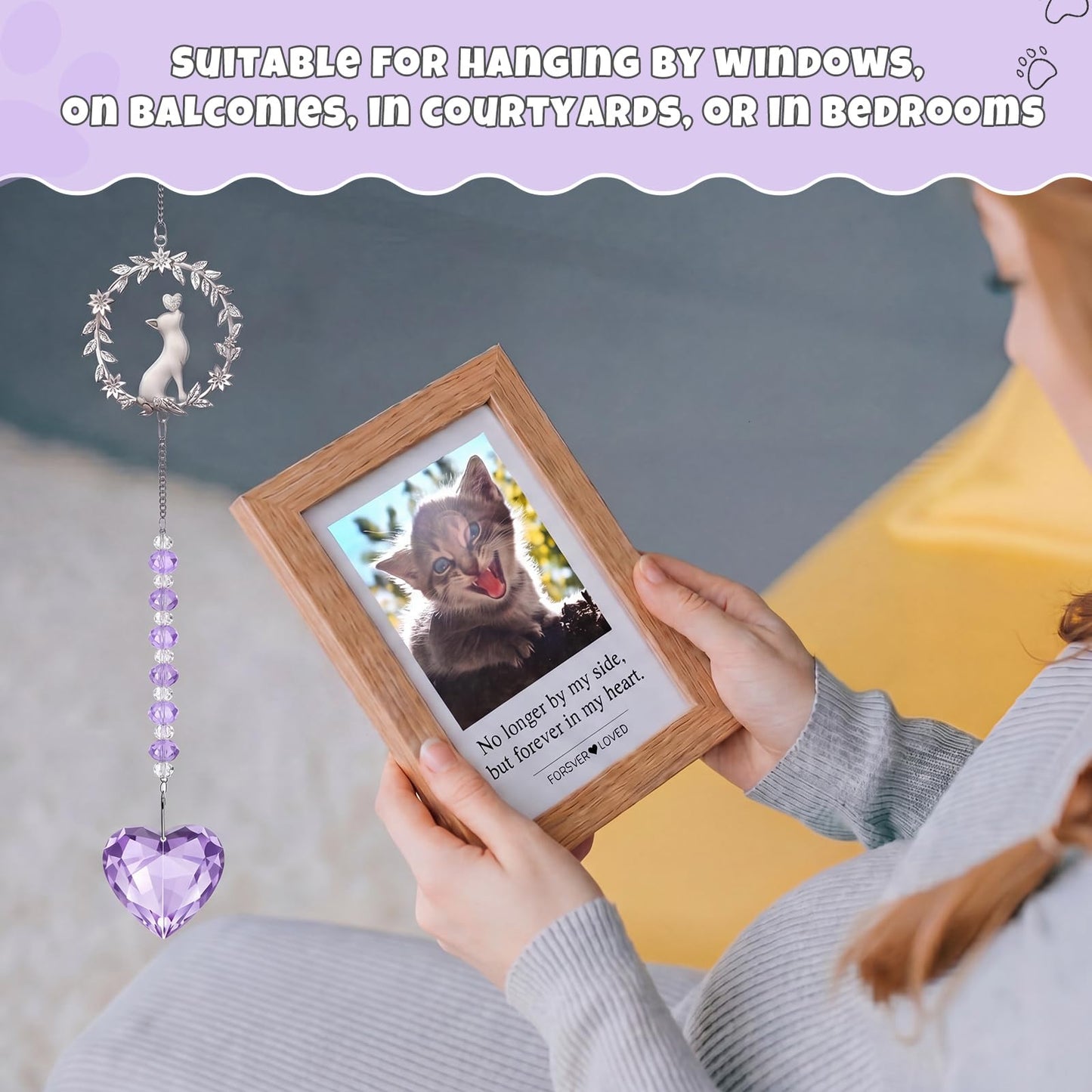 Kenning Pet Memorial Suncatcher Cat Memorial Gifts for Loss of Cat Sympathy Gifts Pet Remembrance Sun Catcher Bereavement Passing Away Remembrance Crystal Suncatcher Hanging Window Ornament (Purple)