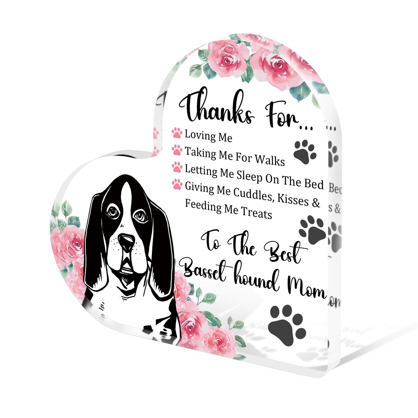 Tian Zhun Basset Hound Gifts for Women Thank You Basset Hound Mom Gifts for Women Dog Lover Rose Acrylic Heart Plaques Appreciation Gift for Mothers Day Christmas Birthday