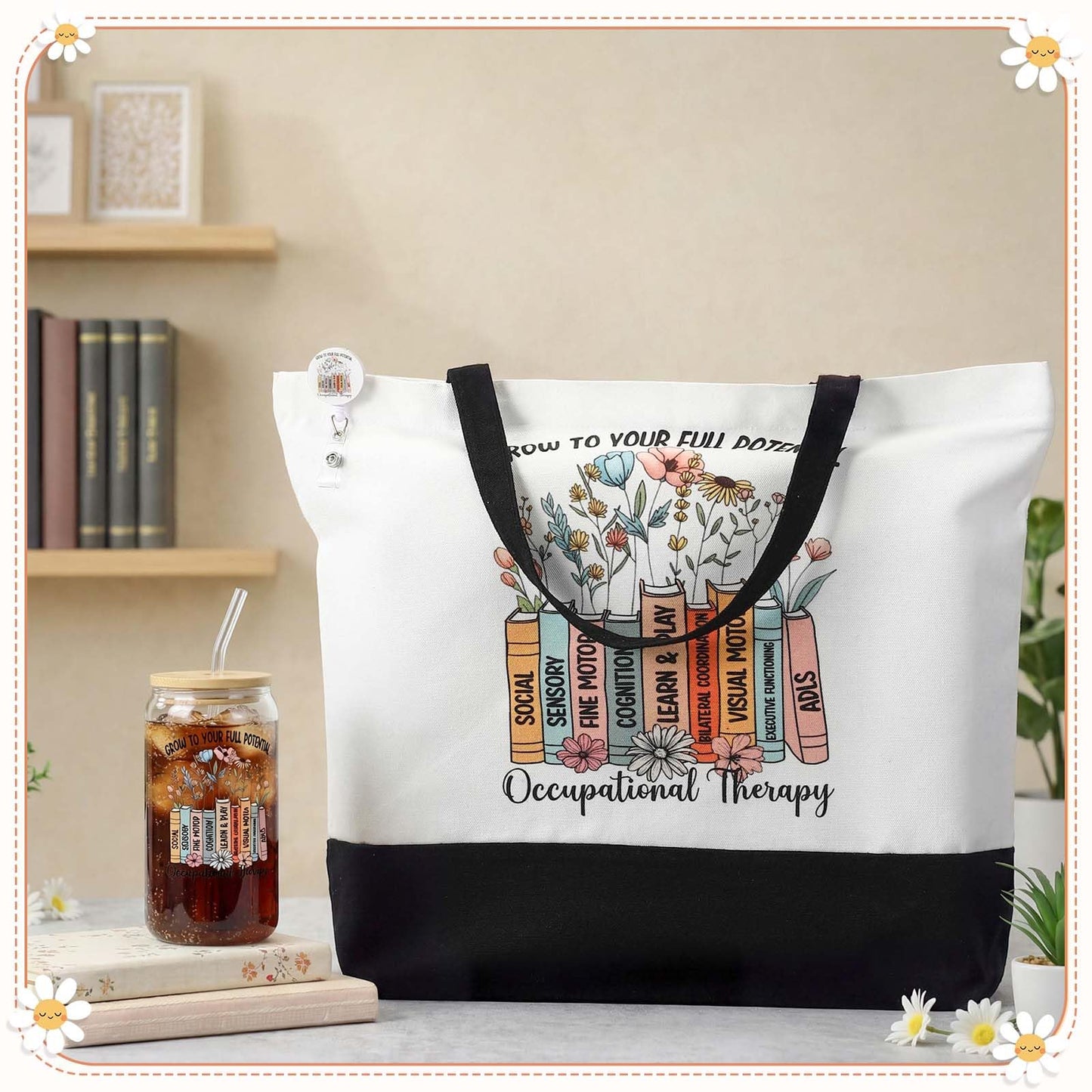 Vesici 3 Pcs Occupational Therapist Appreciation Gifts for Women, 16 oz Glass Cup Large Canvas Tote Bag with Retractable Badge Reel Occupational Therapist Week Gifts