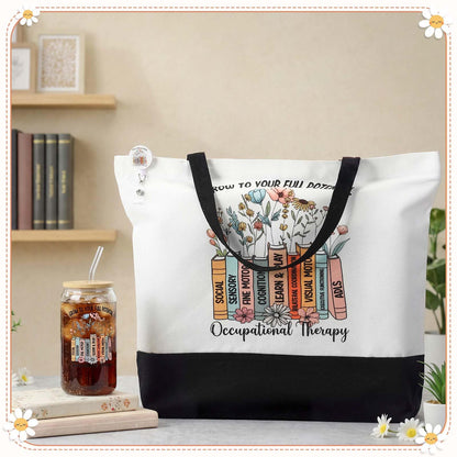 Vesici 3 Pcs Occupational Therapist Appreciation Gifts for Women, 16 oz Glass Cup Large Canvas Tote Bag with Retractable Badge Reel Occupational Therapist Week Gifts