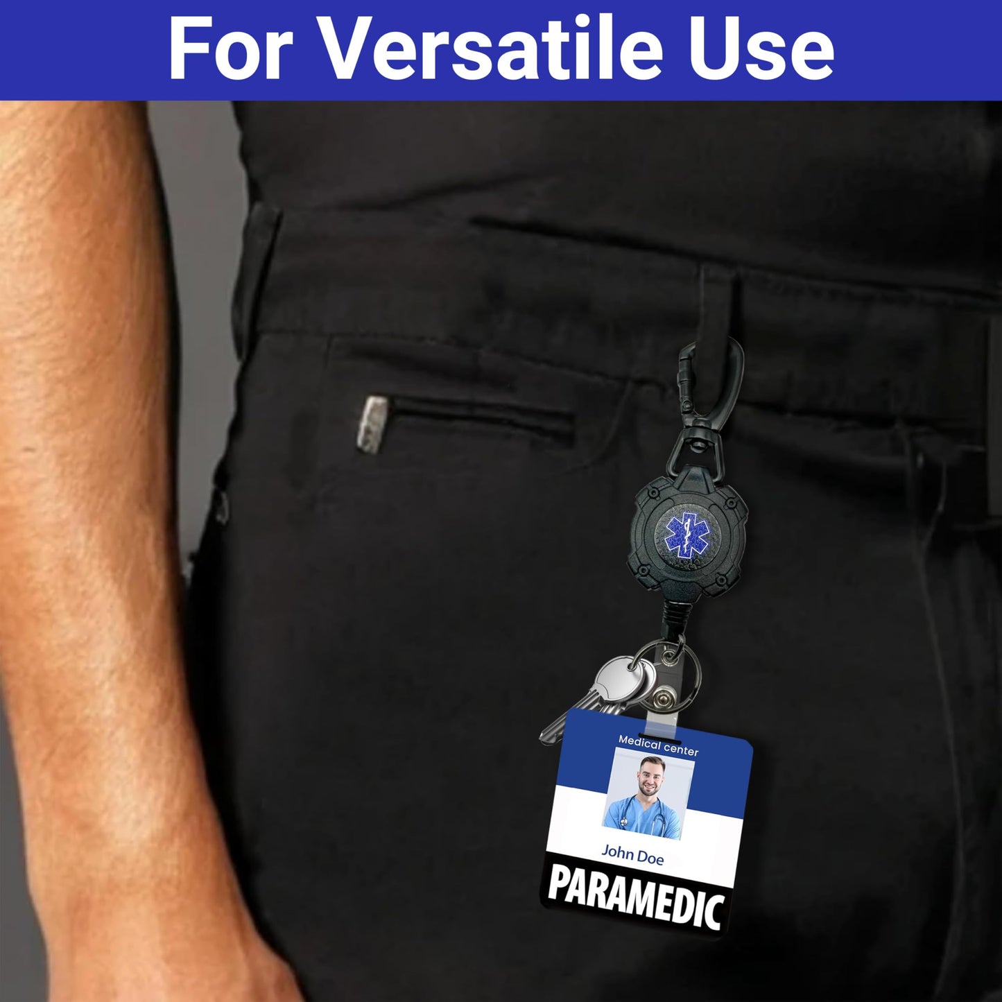EMS, EMT, Paramedic/Medic Heavy Duty Medical Badge Reel Star of Life. 360° Swivel Carabiner Clip. 32.5” Steel Cable/Rope with Key Ring & ID Strap. 8 oz Weight