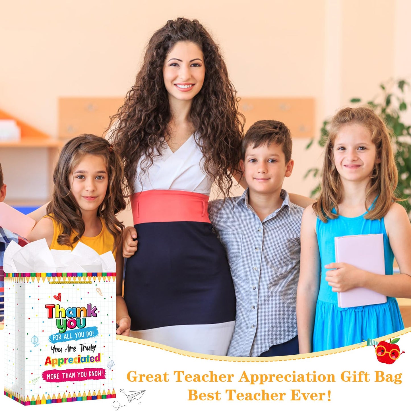 FaCraft Teacher Appreciation Gift Bags - 11.5" Teacher Gift Bag with Tissue Paper and Handles - Thank You for All You Do Bag for Graduation Retirement End of Year Teacher Gifts from Students