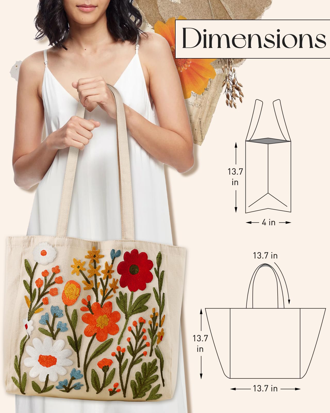 Miss Adola Embroidery Canvas Tote Bag for Women - Reusable Tote with Buckle Aesthetic Cute Shoulder Bag for Shopping, Grocery