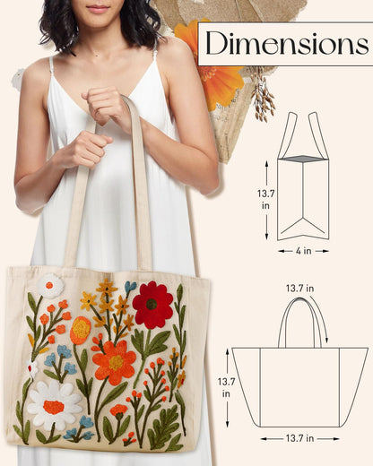 Miss Adola Embroidery Canvas Tote Bag for Women - Reusable Tote with Buckle Aesthetic Cute Shoulder Bag for Shopping, Grocery