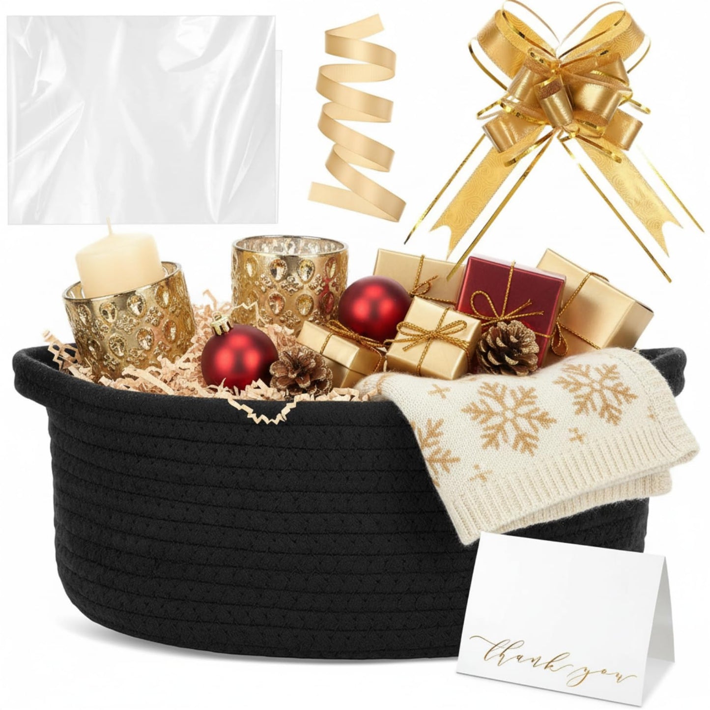 Colingmill Graduation Woven Basket with Gift Bags and 2 Ribbons, Raffia Grass Paper Shred Filler, Gift Card, Empty Small Rope Basket for Storage Presents Toy Organizer(Black,12 * 8 Inch)