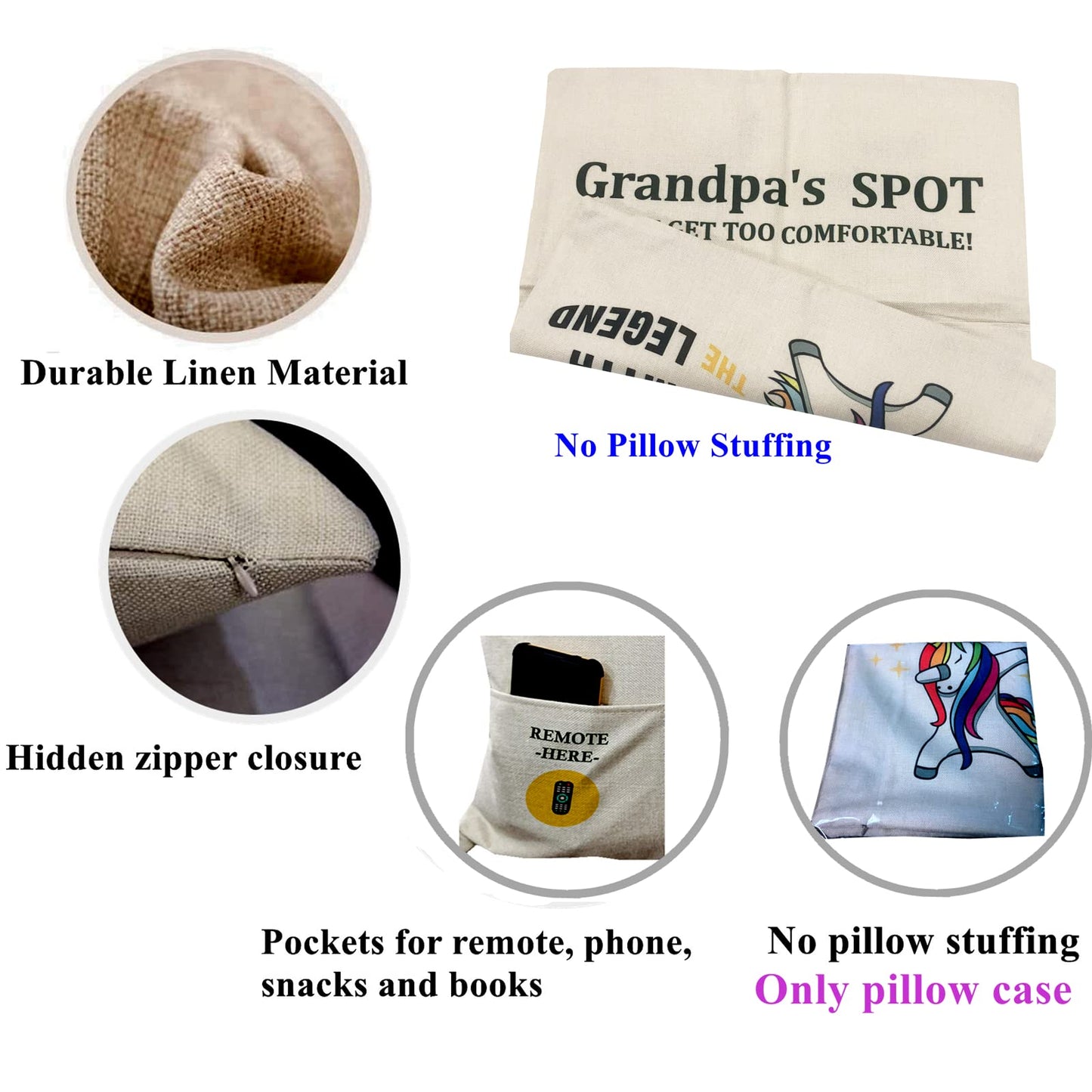 ZUYUROU Grandpa Gifts,2-Pocket Grandpa’s Spot Throw Pillow Covers 18x18 Inch + Engraved Spoon, Fathers Day Birthday Christmas Thanksgiving Day Gifts for Papa, Granddad