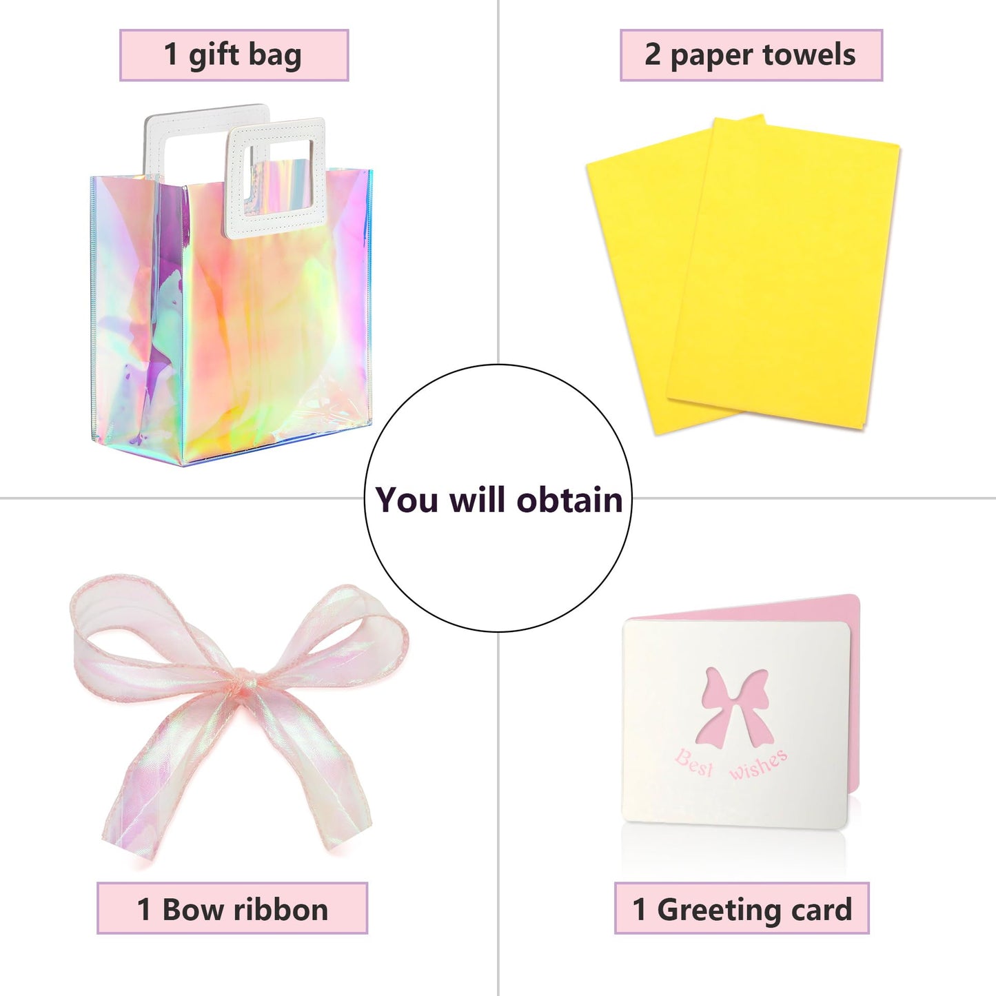 KeerxunBag 1 Pack Holographic Gift Bags with Handles & 2 Tissue Paper Sheets – Iridescent Transparent Reusable Bags for Women, Girls, Birthdays, Weddings，Yellow Gift Bag