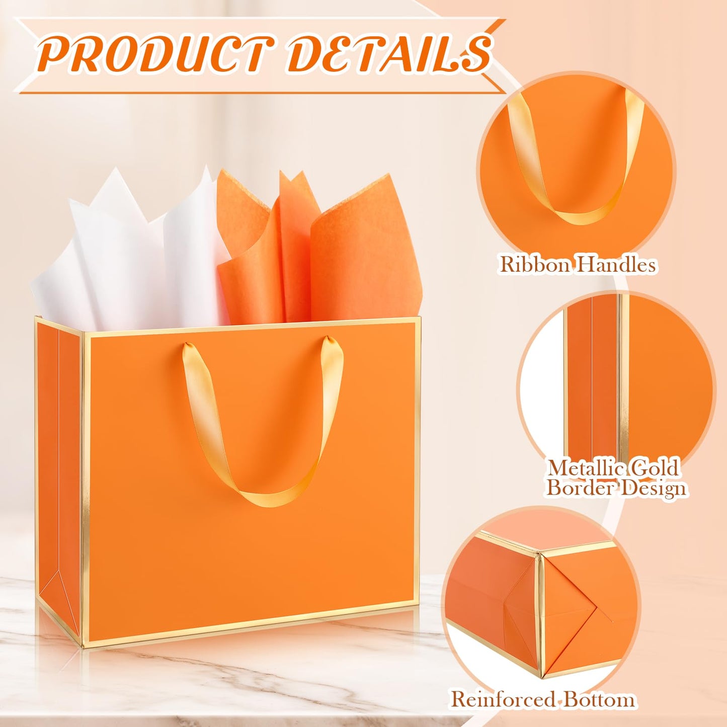 ReliThick 12 Pack Metallic Paper Gift Bag with Handles and Tissue Paper 11.8 x 10 x 4'' Thank You Favor Bag for Graduation Mother's Day Wedding Bridesmaid Groomsman 5 Senses Gifts (Orange,Gold)