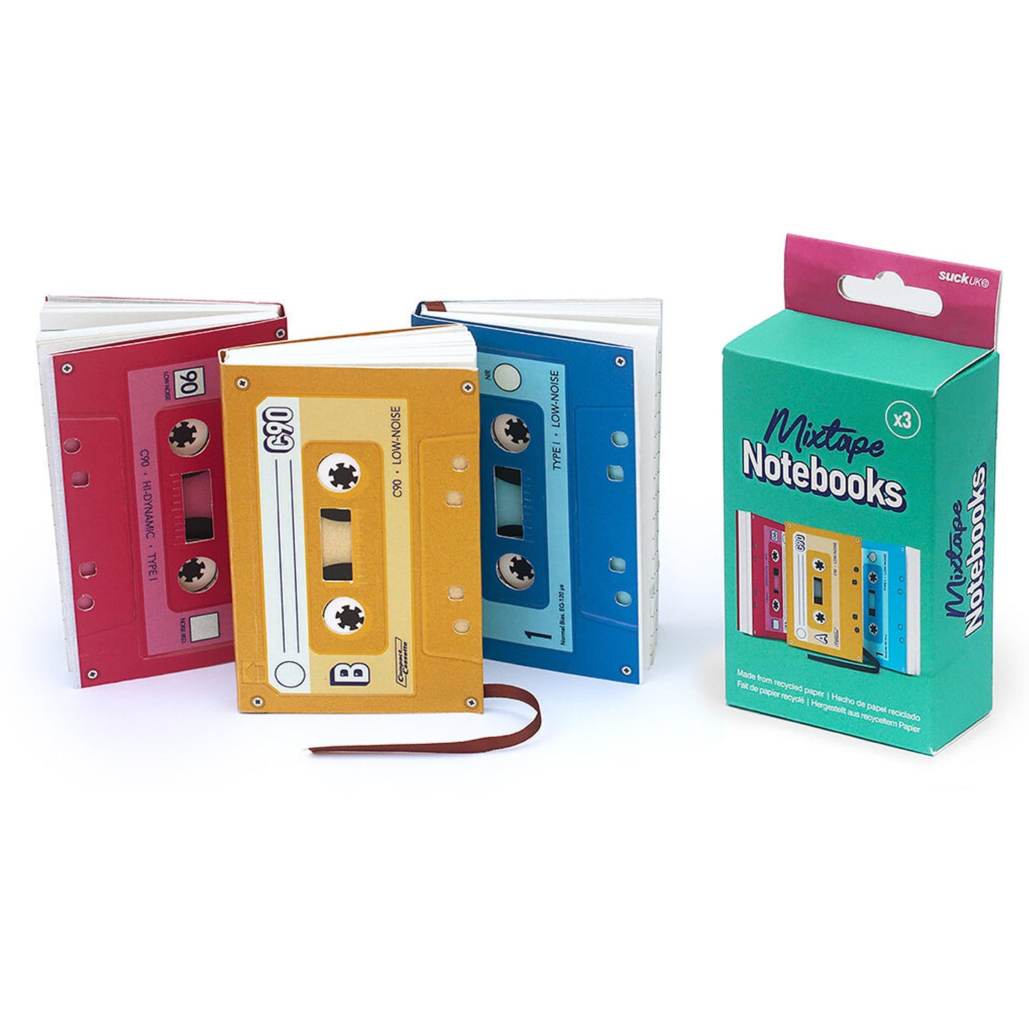 Suck UK Music Notebook - Cassette Tape Notebooks - Mix Tape Book - Retro Themed Gifts - Music Stationery - 80s Retro Gift - Pocket Size Notepad - Mini Tape Record - Multi Colour Mini Notebooks 3 Pack