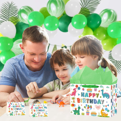 Hooqict Large Dinosaur Gift Bag Happy Birthday Gift Bag with Handles, Wrapping Tissue Paper and Greeting Cards for Kids Boys 1st 2nd 3rd Dinosaur Birthday Party Supplies Baby Showers