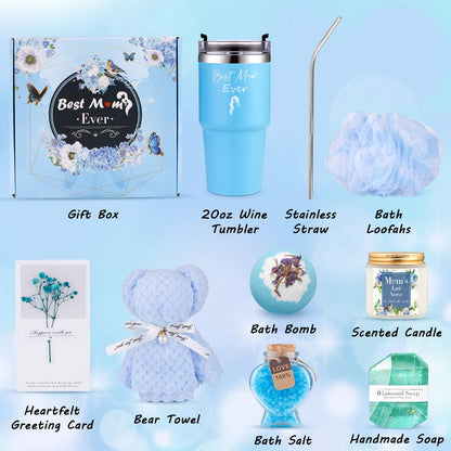 Mom Birthday Gifts Ideas Basket for Moms Mama Mother from Daughter Son Child, Mothers Day Gifts, New Mom Gift, Relaxing Spa Bath Set for Mama 20oz Tumbler