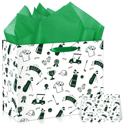 Wayyogh Golf Gift Bag for Boys & Men - Golf Theme Birthday Gift Wrapping Bag with Tissue Paper, Greeting Card, Decorations - Sports Party Favors - Green, 30 x 24 x 13.5cm