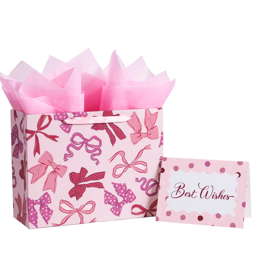 Loveinside Bow Gift Bag for Women Girls, Pink Bow Ribbon Dots Design, Medium Size Bag with Tissue Paper, Tag, Greeting Card, Ideal for Birthday, Wedding, Valentine's Day, 13" x 5" x 10", 1 Pcs