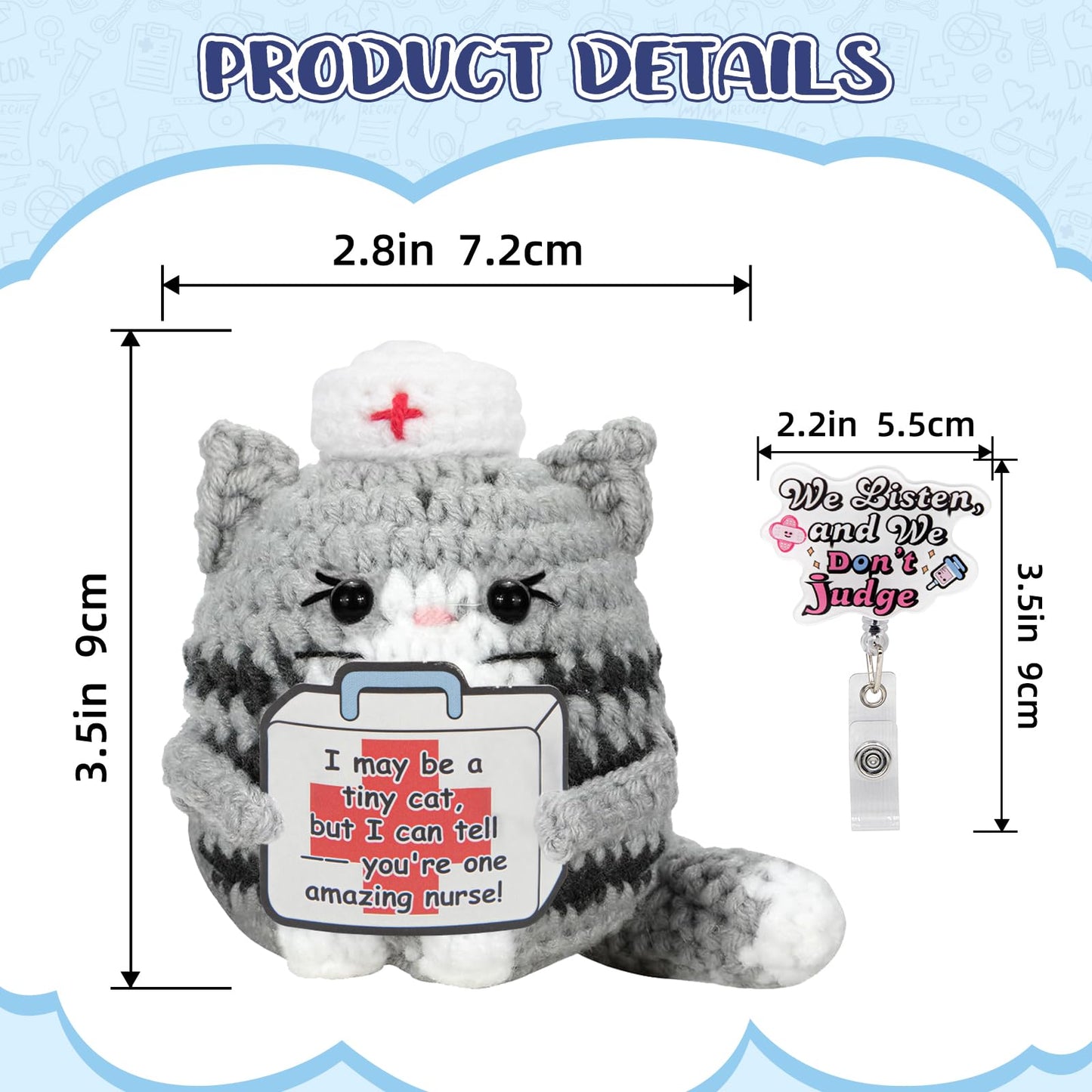 Funny Nurse Week Gifts for Women - 2026 Positive Crochet Cat with Nurse Badge Reel - Animals Emotional Appreciation Gifts for RN Registered Practitioner, LPN, Nursing School Graduation, Christmas