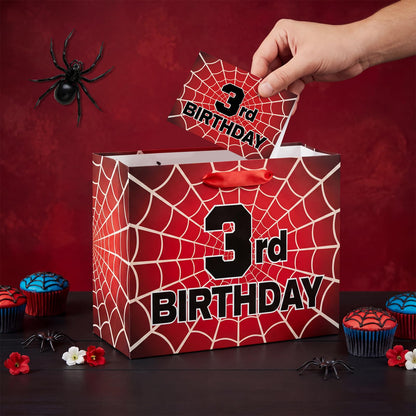 MOORIIY Spider 3rd Birthday Gift Bag with Card and Wrapping Paper, Spider 3rd Birthday Wrapping Paper Bag for Boys Red Black 3 Years Old Spider Web Bdy Decorations Supplies 11.8 x 9.4 x 5.3 inches
