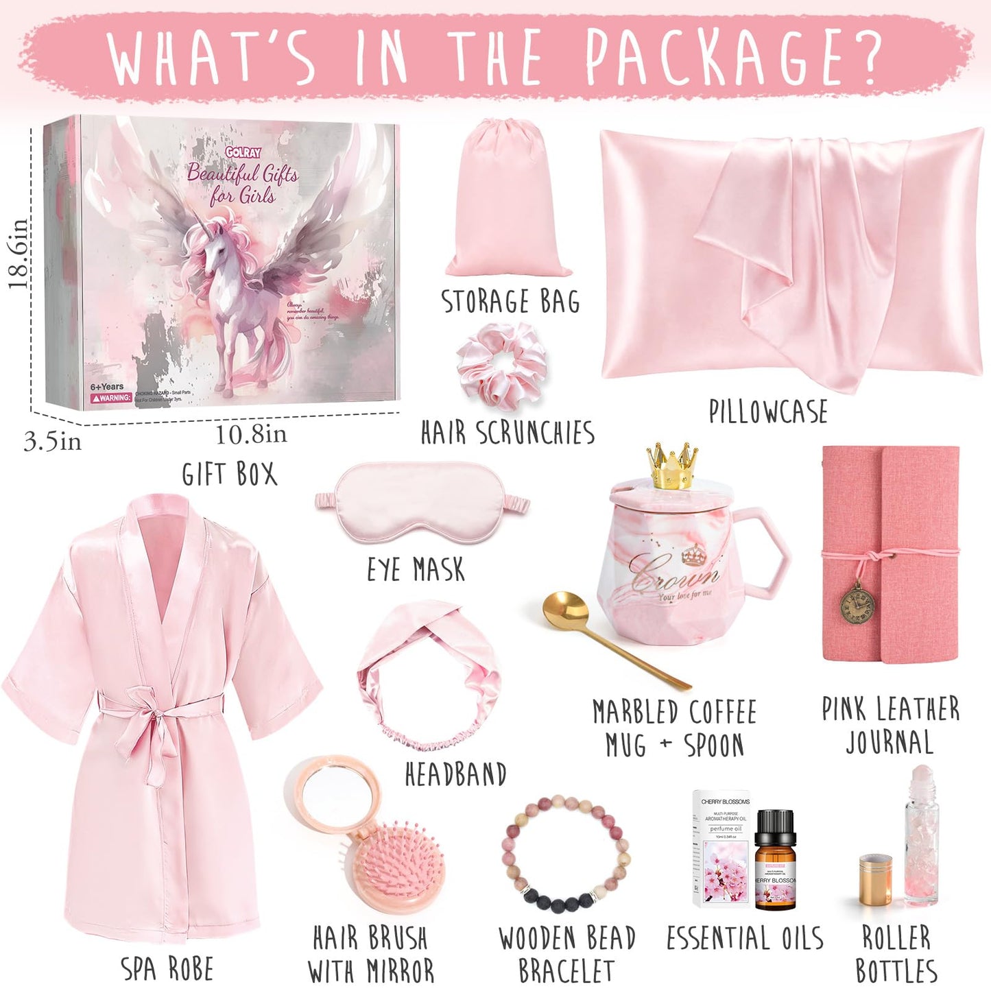 Golray Gifts for Teen Girls Kids -13 Pcs Teenage Girl Basket with Satin Pillowcase/Spa Robe/Journal/Mug, Christmas Birthday Gifts Set for Women Daughter Sister Tween Toy Age 10 11 12 14-18
