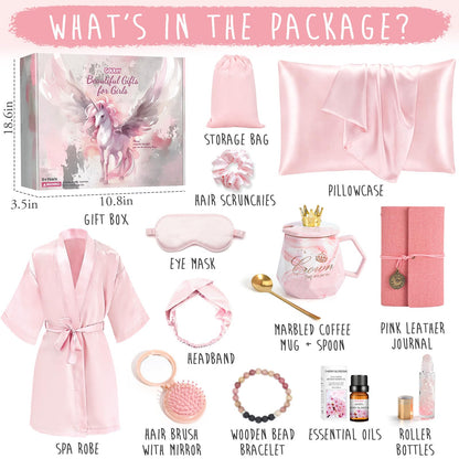 Golray Gifts for Teen Girls Kids -13 Pcs Teenage Girl Basket with Satin Pillowcase/Spa Robe/Journal/Mug, Christmas Birthday Gifts Set for Women Daughter Sister Tween Toy Age 10 11 12 14-18