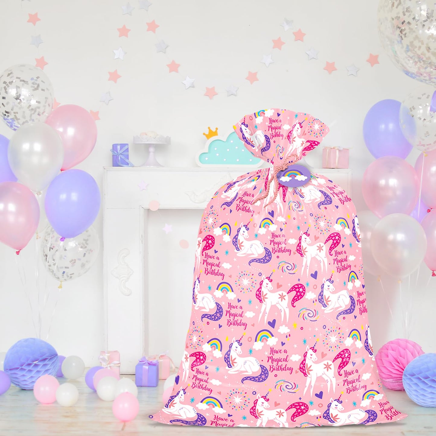 WRAPAHOLIC 56" Extra Large Pink Unicorn Birthday Gift Bag - Have a Magical Birthday Jumbo Bike Bag Gift Wrap for Girls, Baby Shower, Party, Holiday - 56" H x 36" W