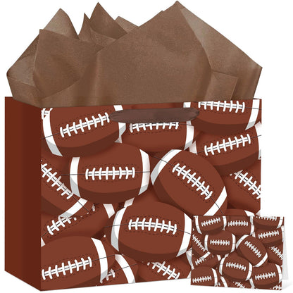 Hooqict Large Football Gift Bag Football Birthday Party Gift Wrapping Bag with Handles, Tissue Paper and Greeting Card for Boys Men Sport Themed Goodie Treat Party Favors