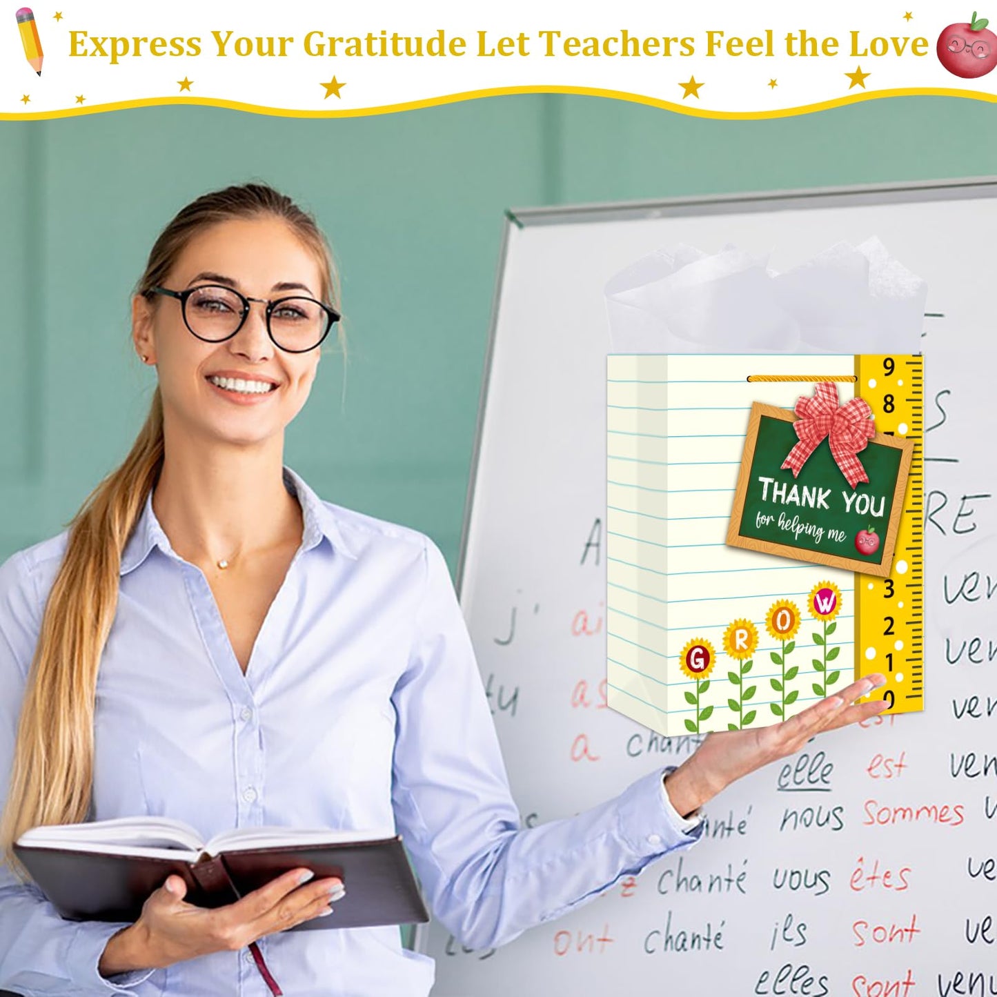 BIZIBAFF Teacher Appreciation Gift Bag - 13" Large Teacher Gift Bag with Tissue Paper and Handle Thank You Teachers Retirement Gifts Bag Graduation End of Year Gift for Teachers Appreciation