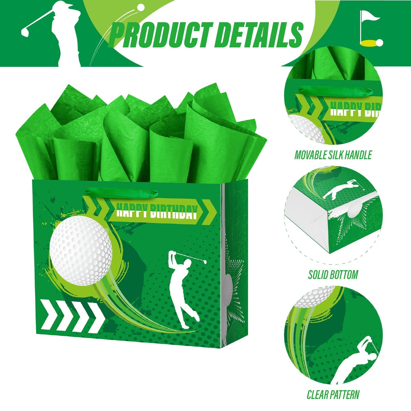 13" Large Golf Gift Birthday Bag with Tissue Paper for Sports Club for Men Boys Teens Kids (Green)