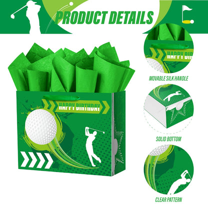 13" Large Golf Gift Birthday Bag with Tissue Paper for Sports Club for Men Boys Teens Kids (Green)