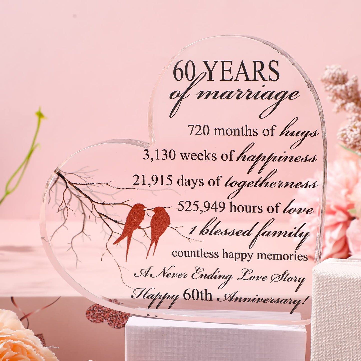 Qunclay 60th Years of Marriage Gift Wedding Anniversary Souvenir Heart Marriage Keepsake Decoration Present for Couple Parent Women Mom Husband Wife He She Friend Grandparents