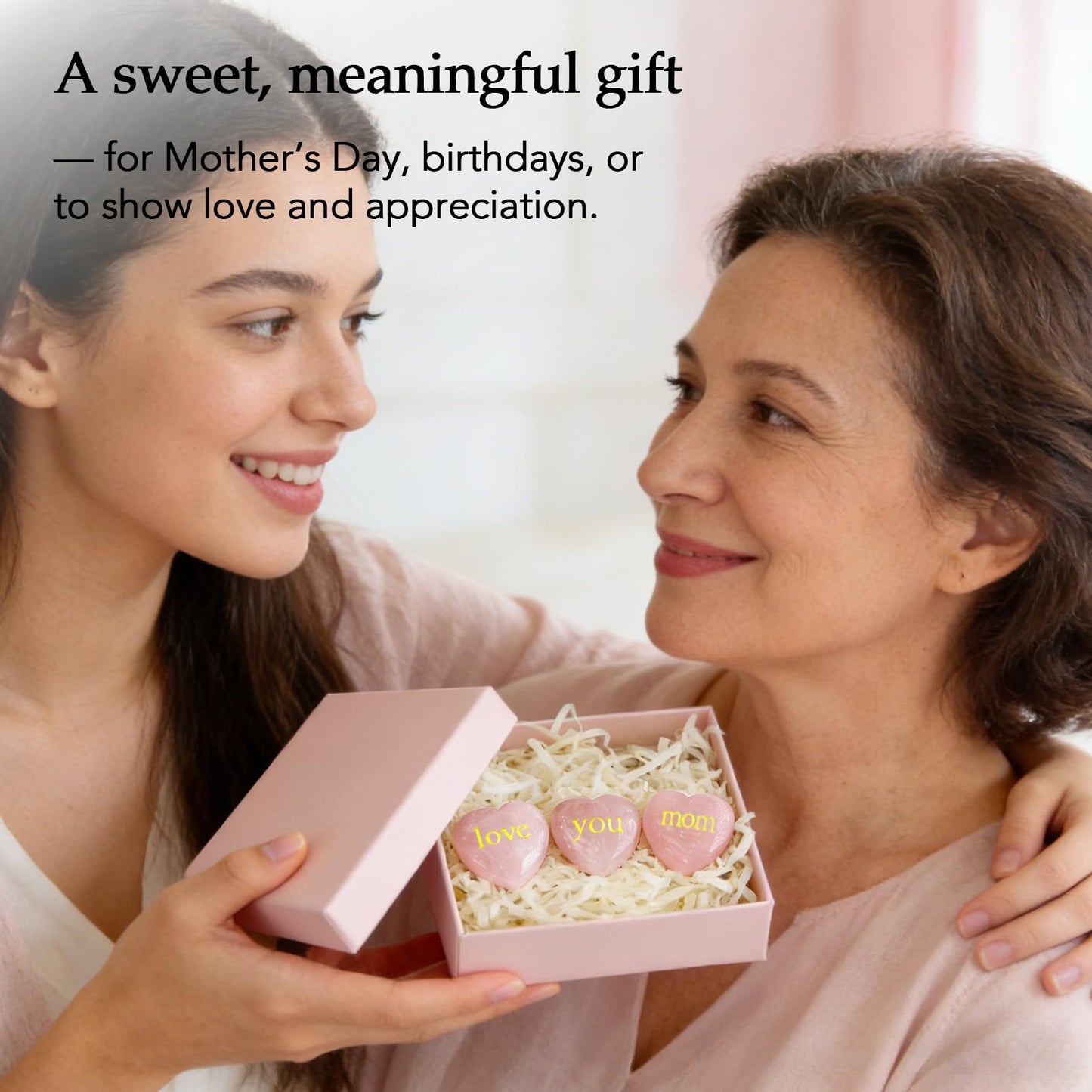 LIMGUVK Gift for Mom from Daughter Son, Engraved Rose Quartz Heart Crystal Gift Set, To My Mom Sentimental Keepsake, Love You Mom Birthday Thank You Appreciation and Just Because (Gold)