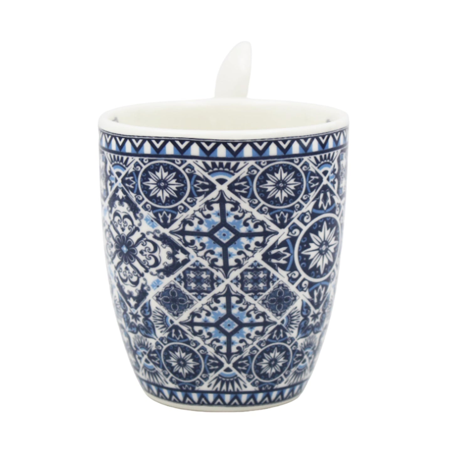 Portuguese Ceramic Espresso Cup with Integrated Spoon Set - Tile Azulejo Design - 4 oz Capacity, Microwave & Dishwasher Safe (Blue & White)