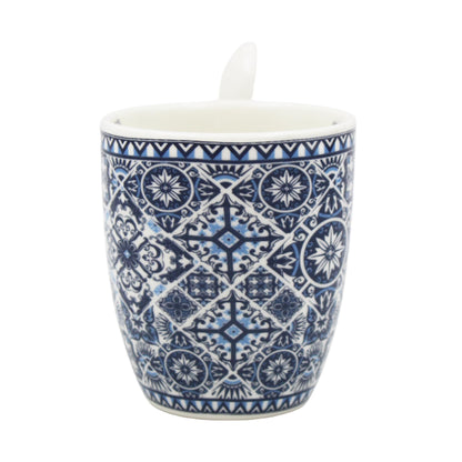 Portuguese Ceramic Espresso Cup with Integrated Spoon Set - Tile Azulejo Design - 4 oz Capacity, Microwave & Dishwasher Safe (Blue & White)