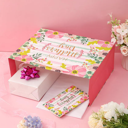 CAMKUZON Large Mother's Day Gift Bag with Card and Tissue Paper for Mom Grandma Nana Sisters - Gold Foil Happy Mother's Day & Pink Floral Design, 13" X 10" X 5"