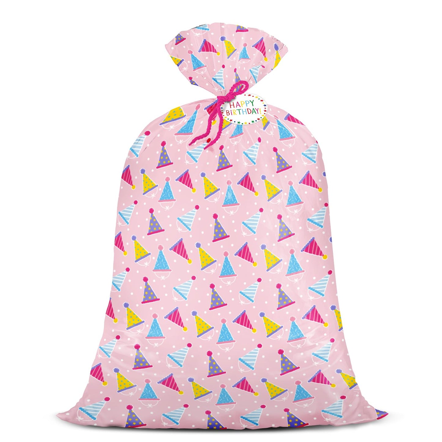 WRAPAHOLIC 56" Extra Large Birthday Plastic Gift Bag - Pink Party Hat Jumbo Bike Bag Gift Wrap for Women Girls Birthday, Baby Shower, Wedding, Bridal Shower - 56" H x 36" W