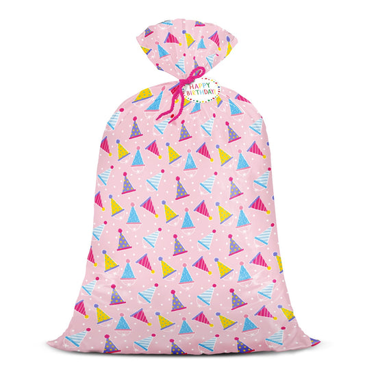 WRAPAHOLIC 56" Extra Large Birthday Plastic Gift Bag - Pink Party Hat Jumbo Bike Bag Gift Wrap for Women Girls Birthday, Baby Shower, Wedding, Bridal Shower - 56" H x 36" W
