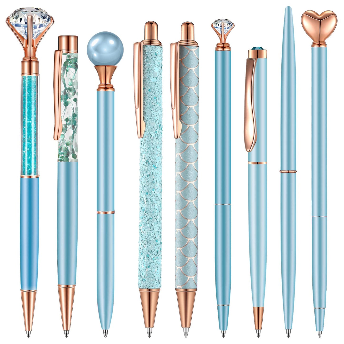 Janmini 9 Pcs Ballpoint Pens Set Metal Crystal Diamond Glitter Pens for Journaling Black Ink Pretty Cute Things Fancy Stationery Gifts for Women Girls Birthday Home Office Desk(Blue)