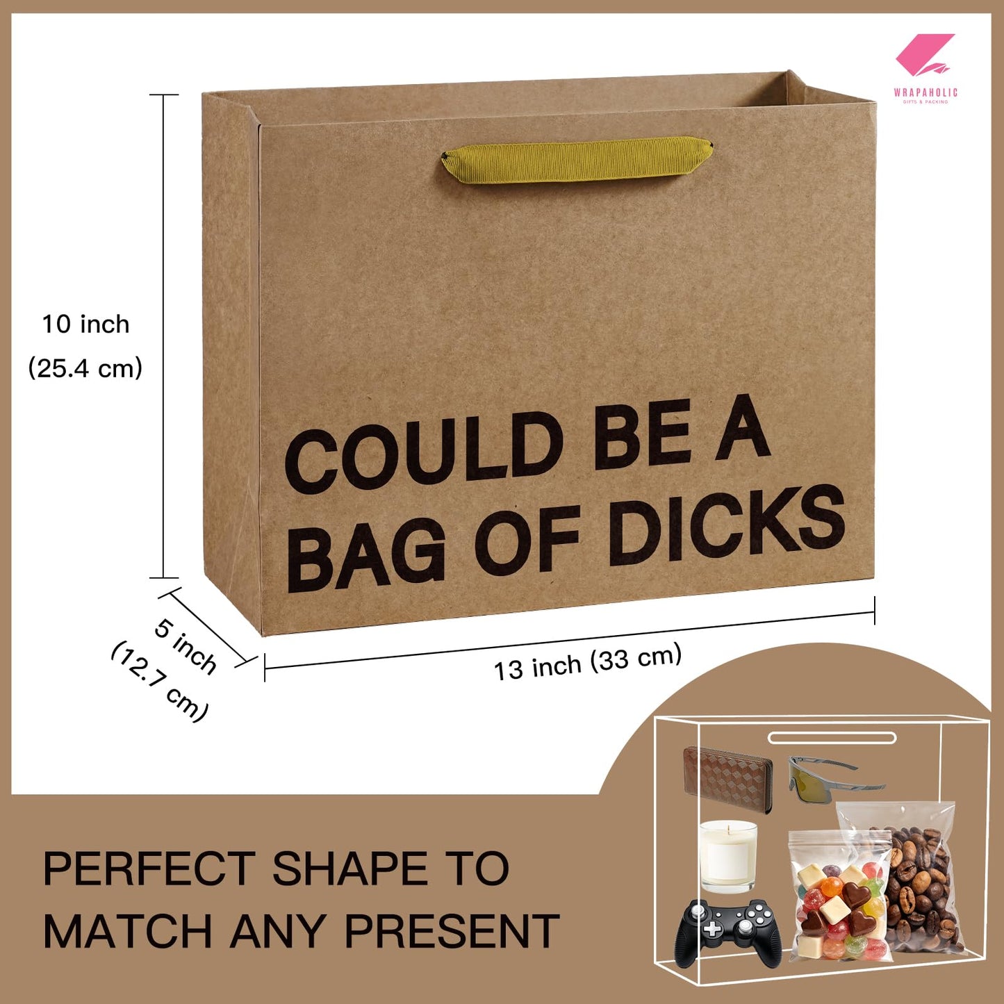 WRAPAHOLIC 13" Large Funny Birthday Kraft Paper Gift Bag - Could Be a Bag of Dicks Design Paper Bags for Friends Birthday and Valentine's Day