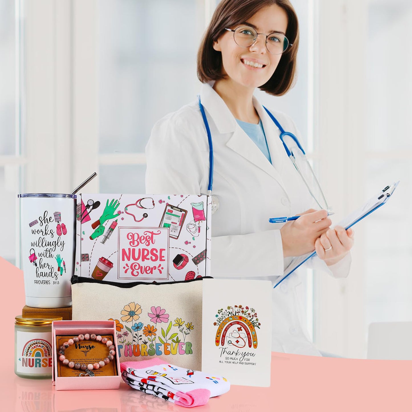 Bayelove Nurse Gifts for Women, Nurses Week Gifts, Nurse Appreciation Gifts, Tumbler Mug Cup Basket Gifts Set for Graduation, Nursing School, Nurse Practitioner