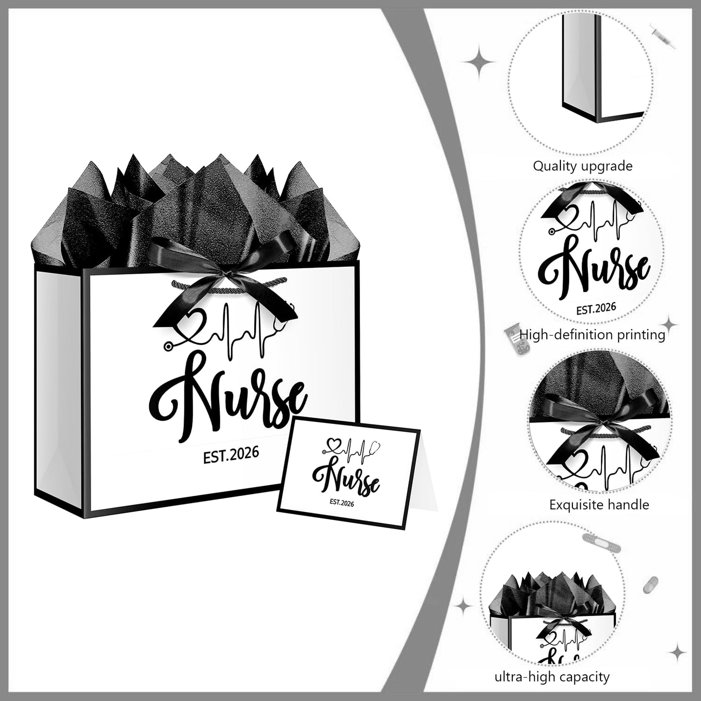 XiaosRen 12.6" White and Black Nurse Gift Bag, EST 2026 Nurse Graduation Gift Bag with Tissue Paper, Card and Ribbon, for Nurses Day, Medical Graduates.