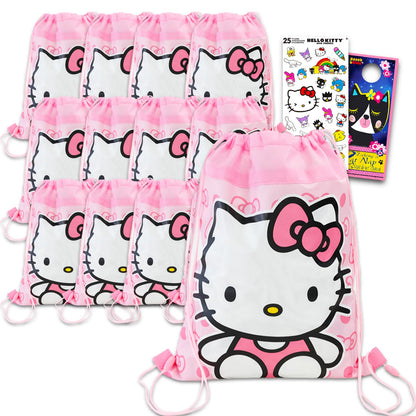 Hello Kitty Party Favor Bags Set - Bundle with 12 Hello Kitty Drawstring Bags for Kids and Stickers | Sanrio Birthday Party Supplies