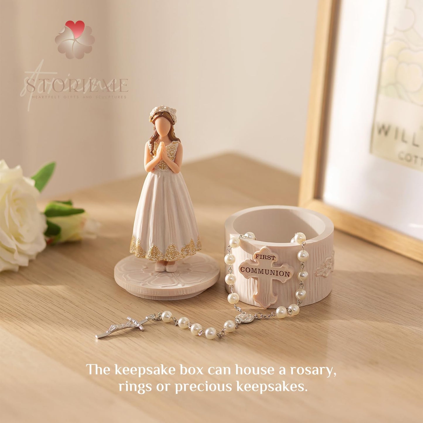 Storieme First Communion Gifts for Girls: 1st Holy Communion Decorations Keepsake Box with Rosary Cross Bracelet - Christian Religious Catholic Present for Baptism Confirmation