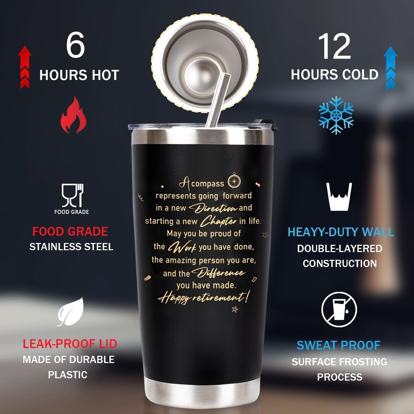 Retirement Gifts for Men 2026, 20 Oz Retired Tumbler Cup with Lid & Straw, Best Retirement Gift Set Stainless Steel Cup with Keychain & Card for Men Him Husband Teachers Boss Doctors Coworkers, Black