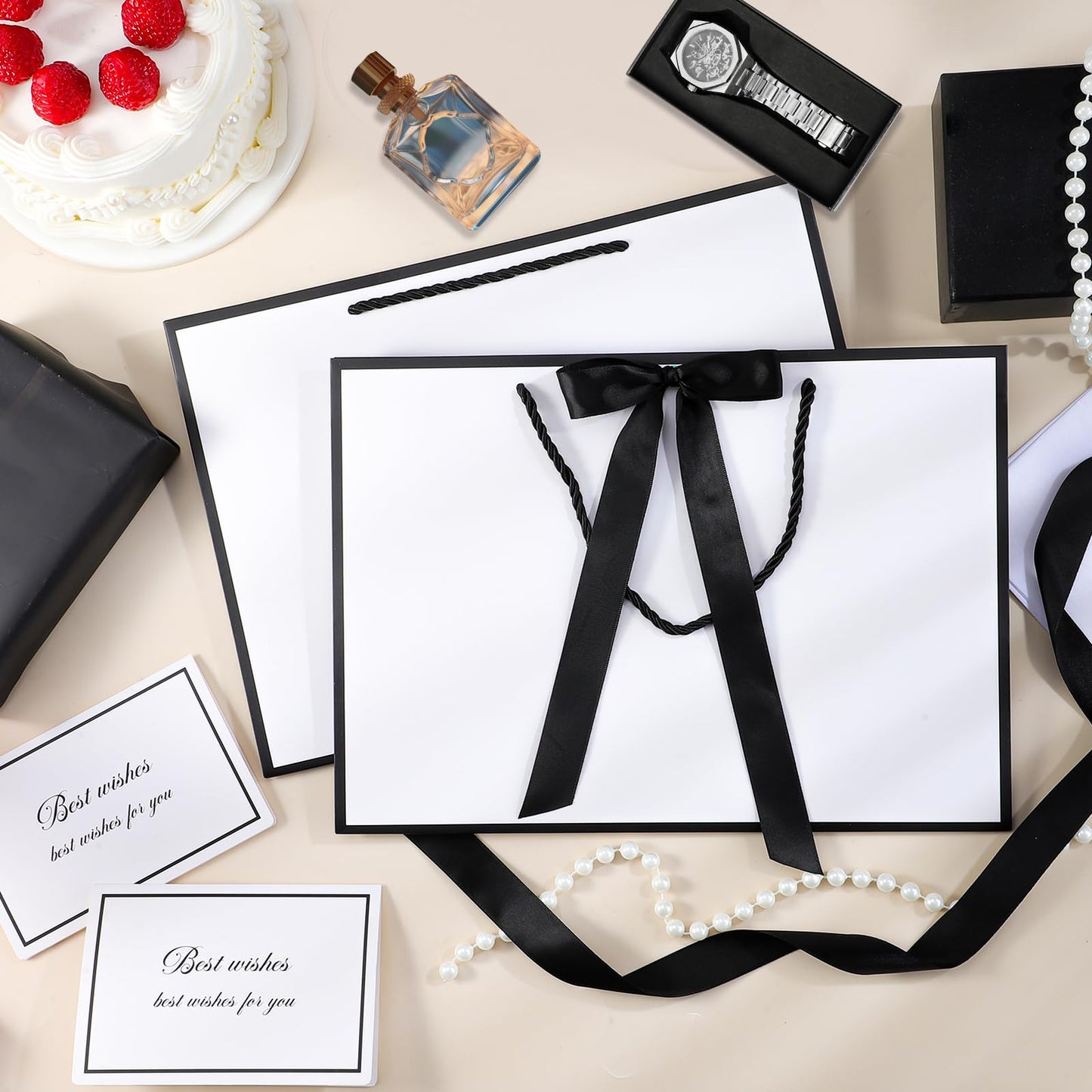 woric White Gift Bags with Handles, 14" Medium Gift Bag with Tissue Paper, 2 Pcs Gift Bags with 4 Tissue Paper and 2 Cards for Graduation Father's Day Wedding Bridal Shower Birthday Party