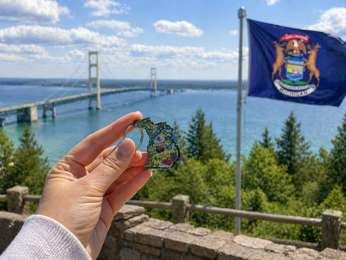Westmon Works Michigan Keychain Acrylic Map Key Ring Retro Travel Souvenir Gift with Great Lake State Landmarks Design, 2 Inch