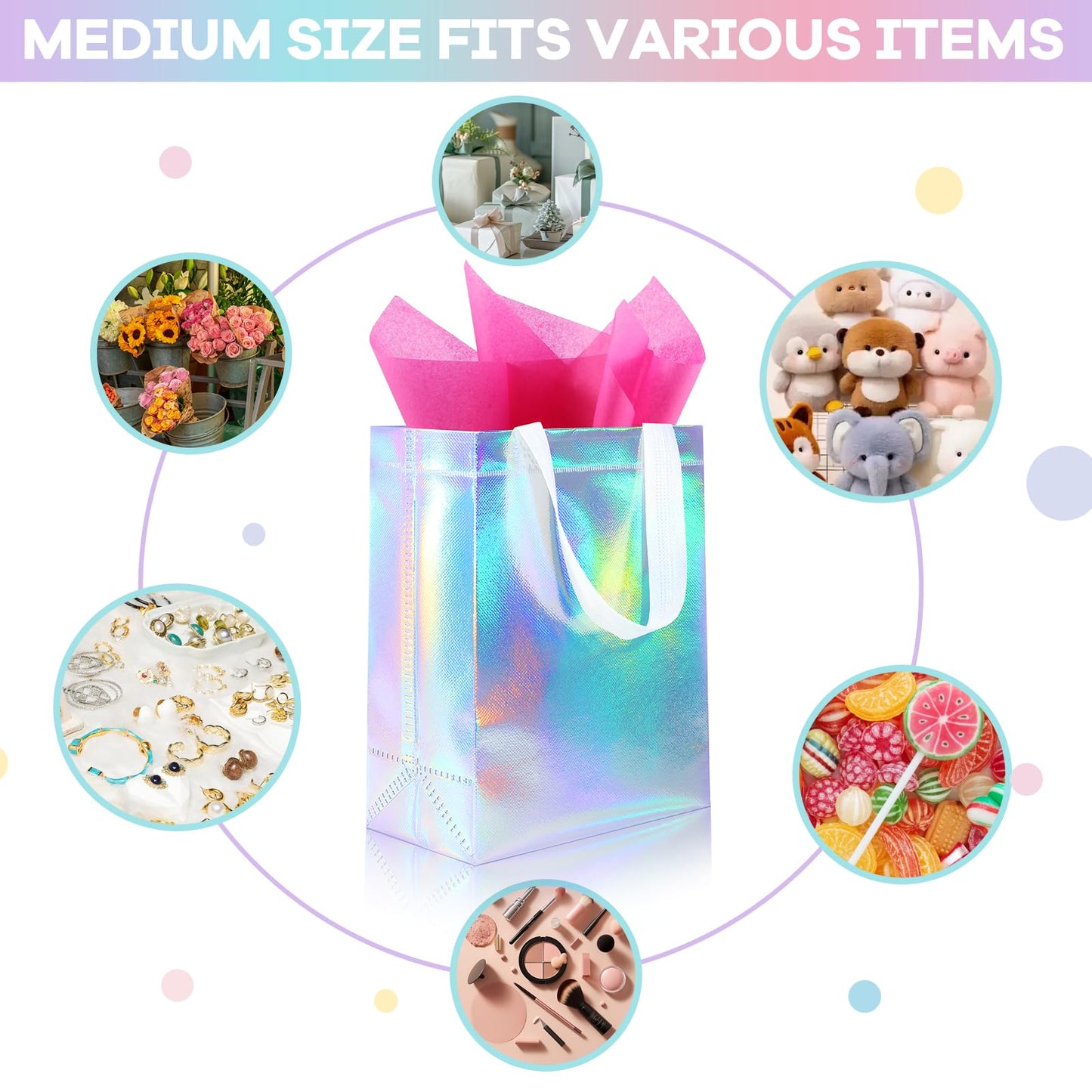 Addblu 12 Pack Reusable Gift Bags with Handles & 24 Tissue Papers, 10x4x8 Inch Iridescent Gift Bags with Cardboard Bases for Shopping, Parties, Birthdays, Weddings, Holiday, Father's Day (Blue Gift Bag)