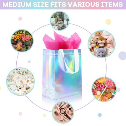 Addblu 12 Pack Reusable Gift Bags with Handles & 24 Tissue Papers, 10x4x8 Inch Iridescent Gift Bags with Cardboard Bases for Shopping, Parties, Birthdays, Weddings, Holiday, Father's Day (Blue Gift Bag)
