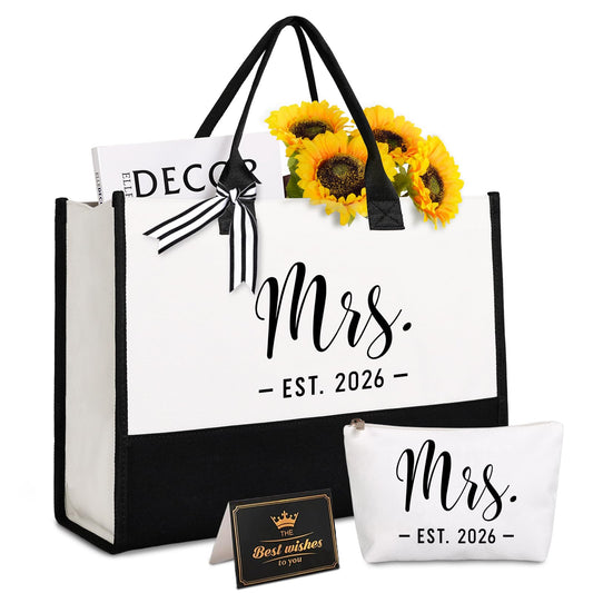 Lamyba Bride Tote Bag,Bridal Shower/Bachelorette Party/Wedding Day Gifts for Bride To Be,Mrs Bag EST 2026,Interior Pocket,Black and White