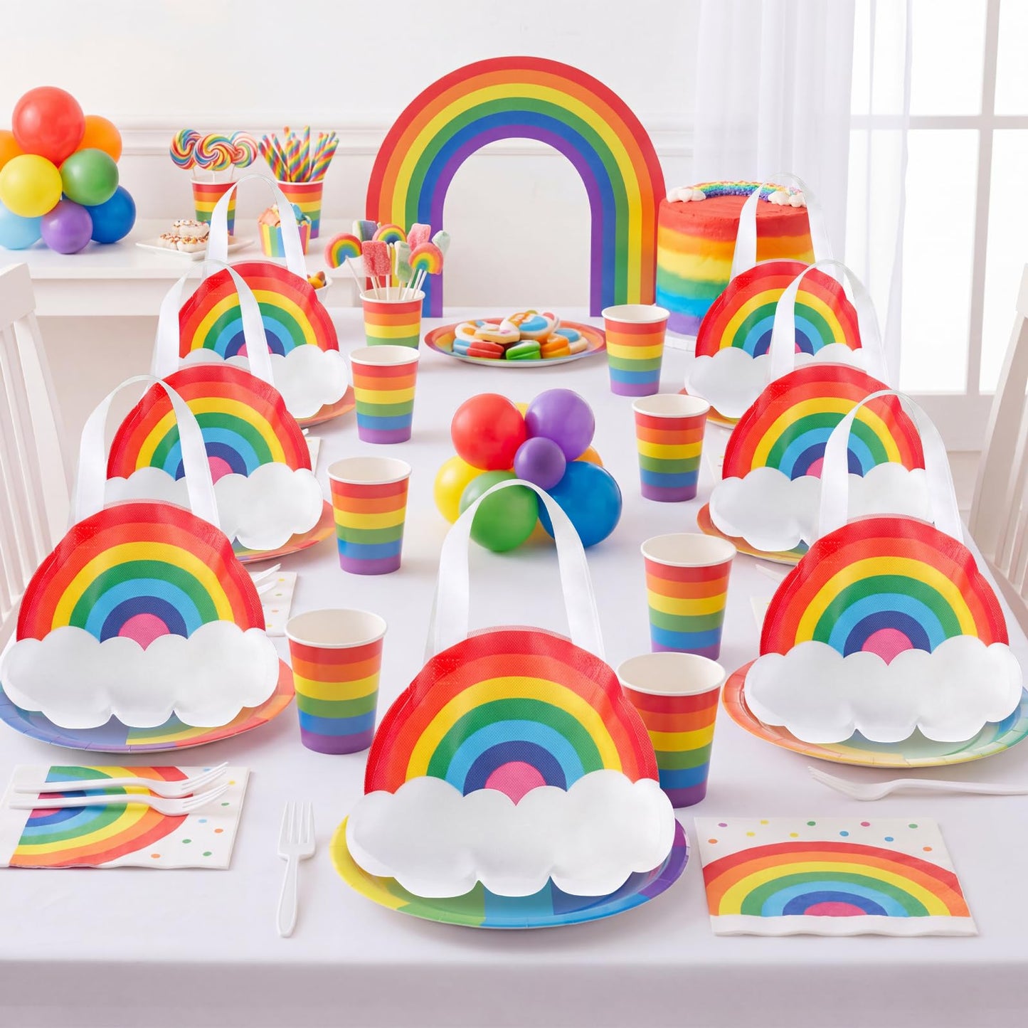 Tranqun 36 Pack Rainbow Party Favor Bags with Handle Rainbow Goodie Non-woven Treat Candy Gift Bags for Cloud Birthday, Baby Shower, Gender Reveal Party Supplies